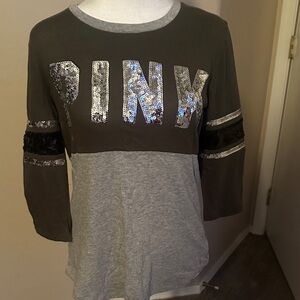 Vs pink Gray and Black Sequin Logo Top